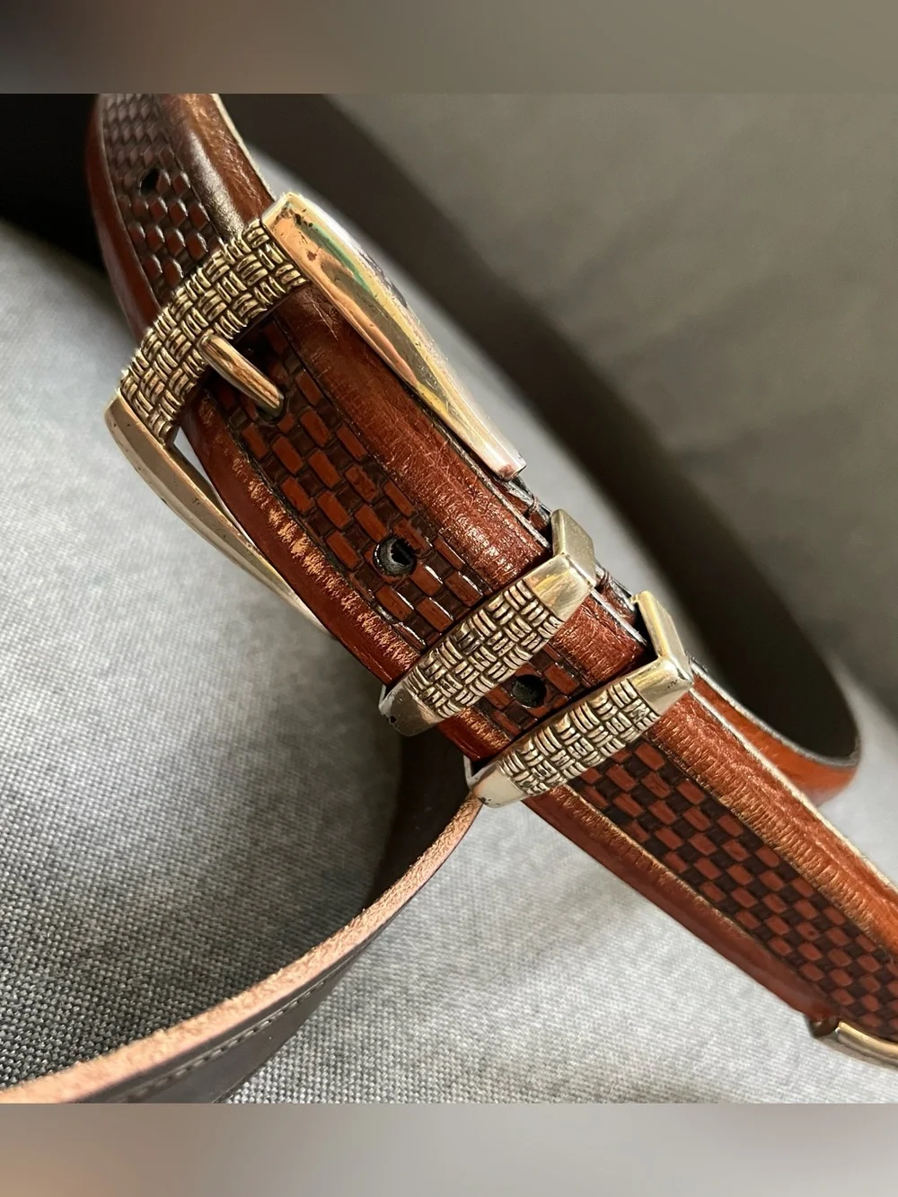 Men’s Johnston & Murphy Leather Belt BasketWoven Embossed Pattern Gold-tone 32 M